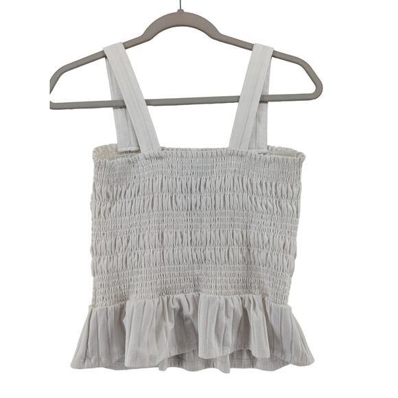 Arizona Jeans Tank Top L White Smocked Peplum Sleeveless Button Accent Ruffled - Picture 2 of 8
